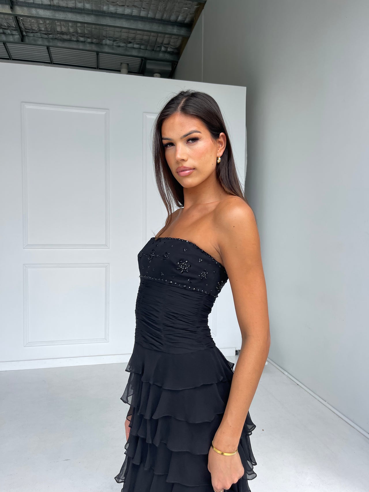 Vintage - Black Ruffle Maxi Dress - Rent Club