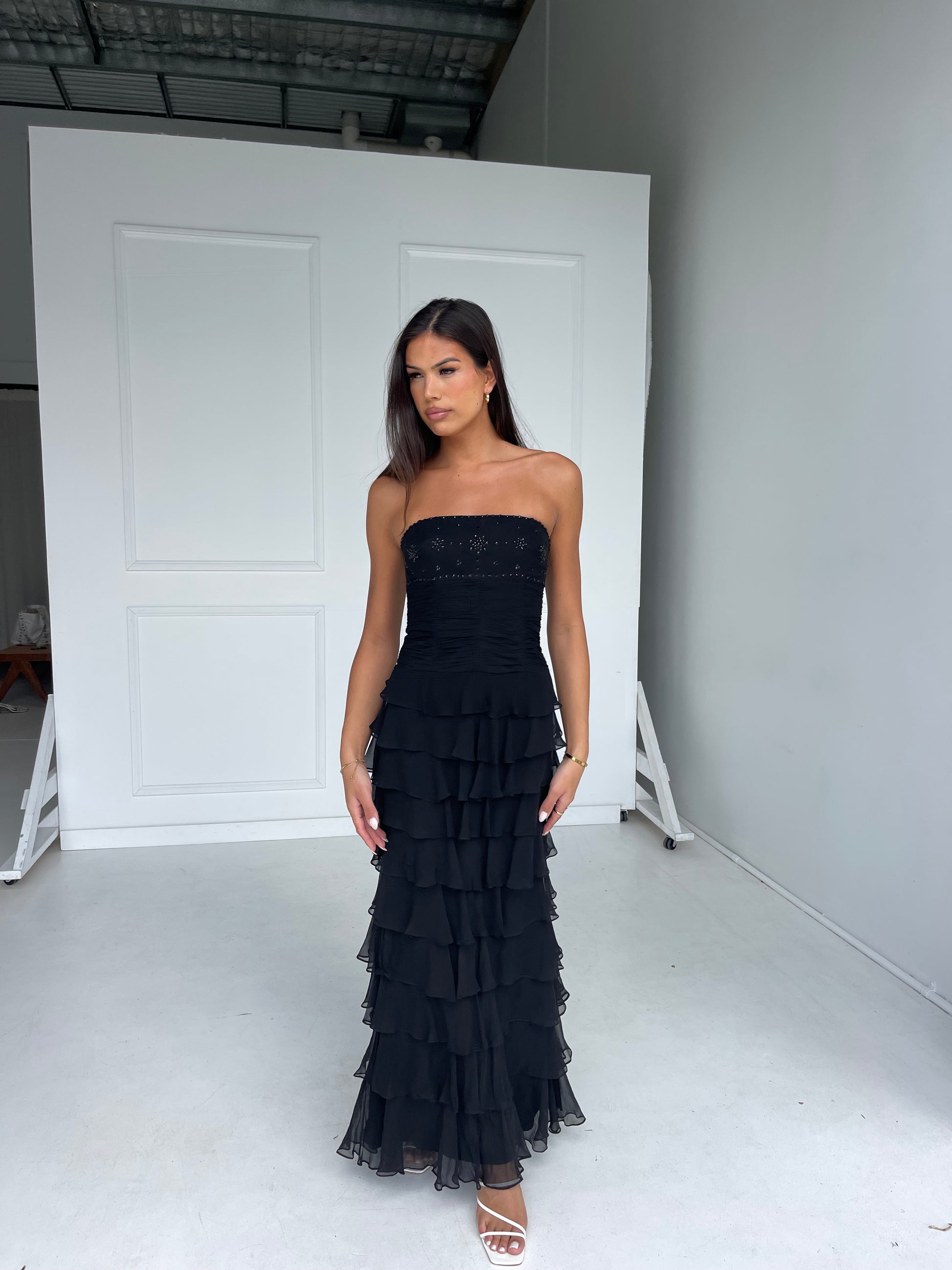 Vintage - Black Ruffle Maxi Dress - Rent Club