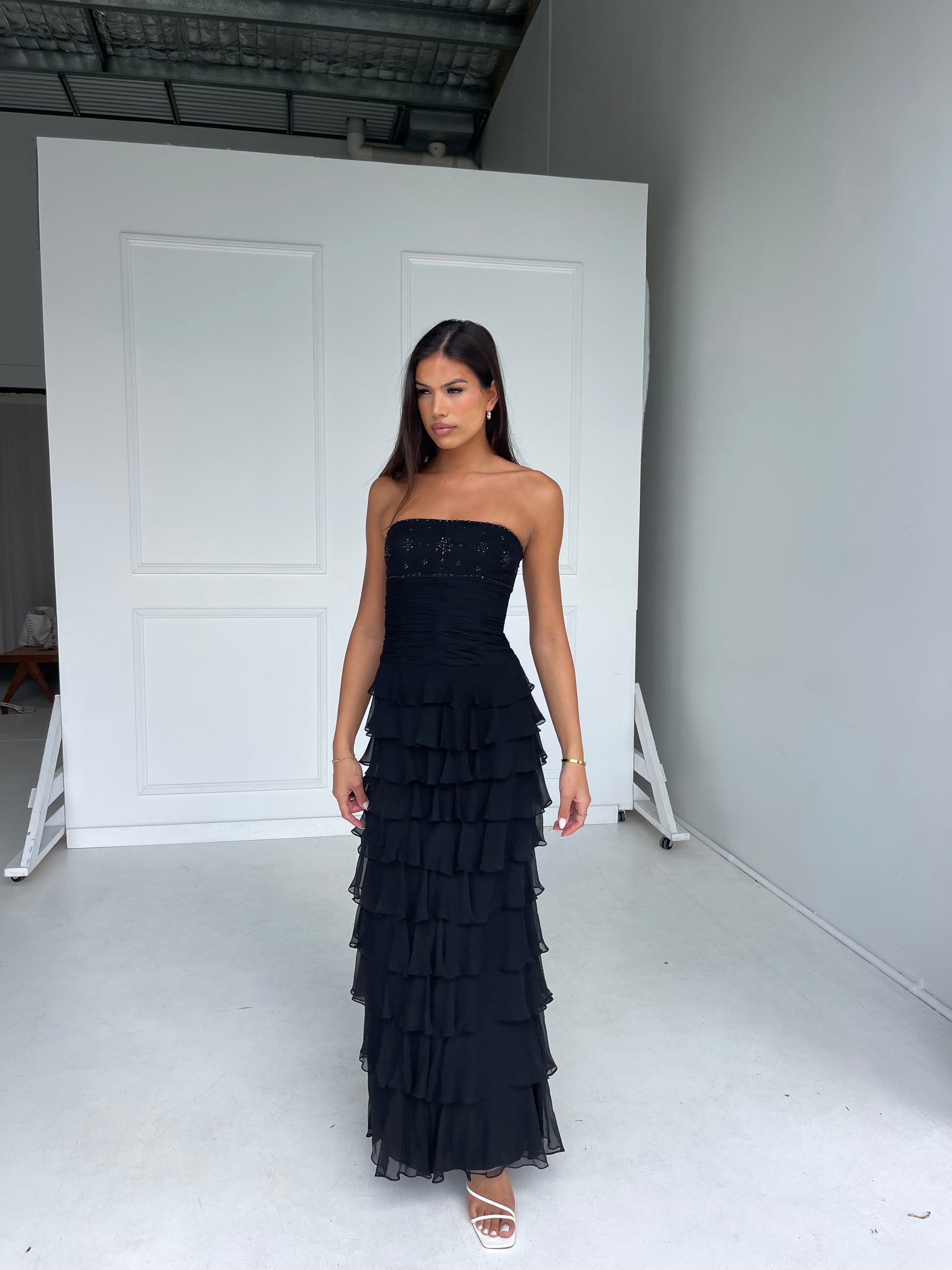 Vintage - Black Ruffle Maxi Dress - Rent Club