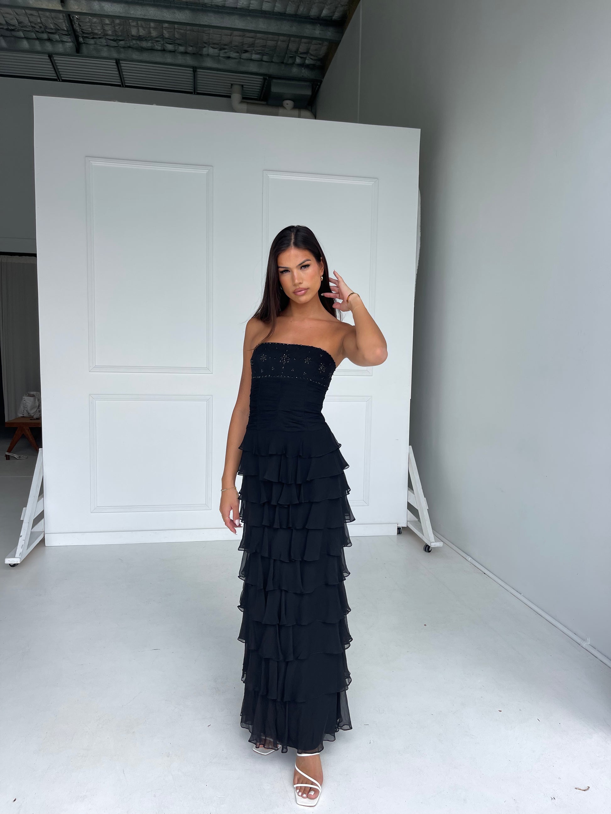 Vintage - Black Ruffle Maxi Dress - Rent Club