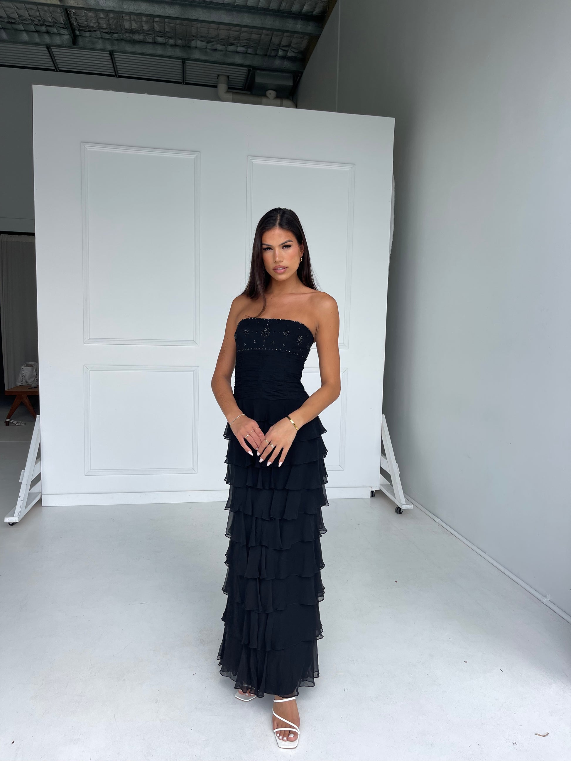 Vintage - Black Ruffle Maxi Dress - Rent Club