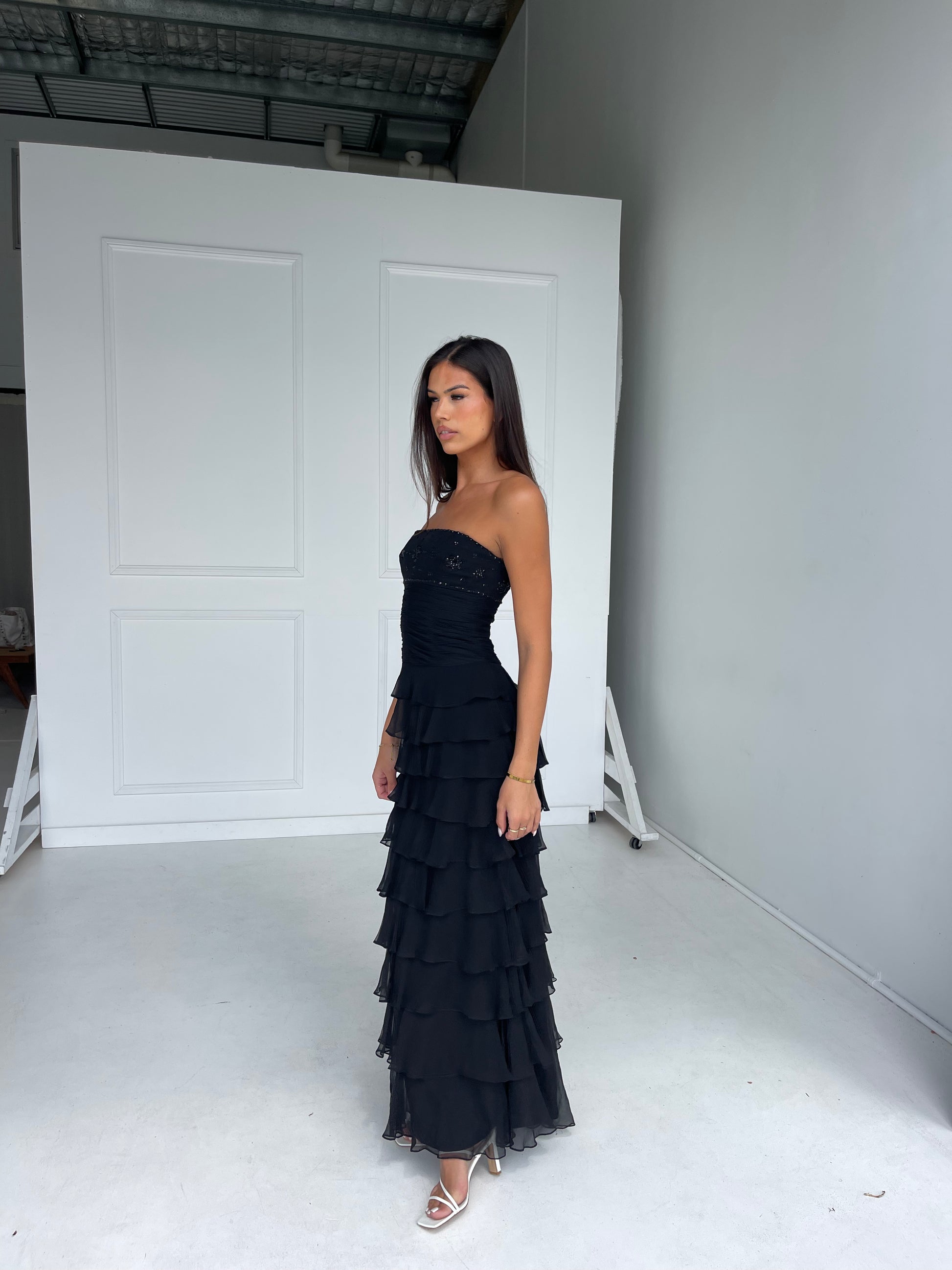 Vintage - Black Ruffle Maxi Dress - Rent Club