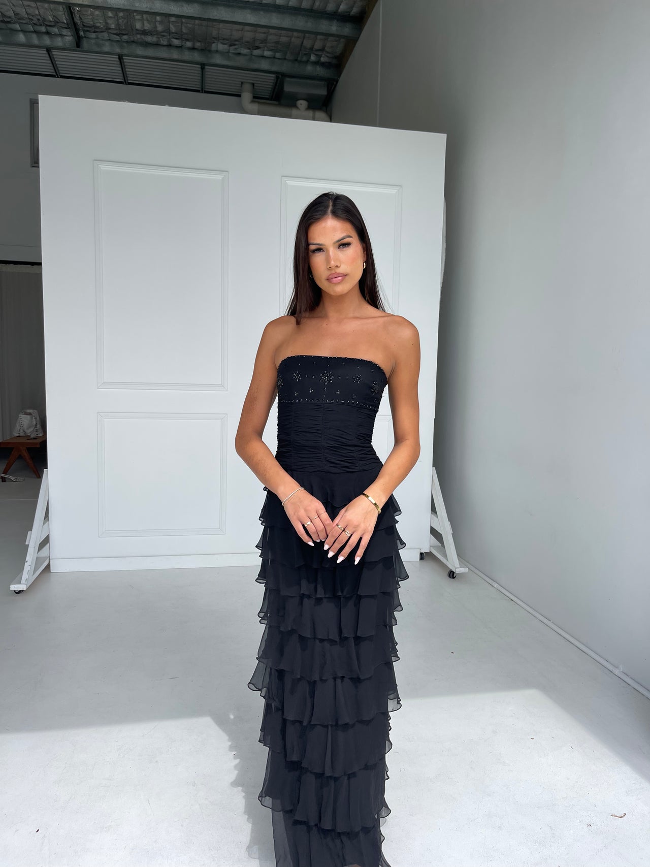 Vintage - Black Ruffle Maxi Dress - Rent Club