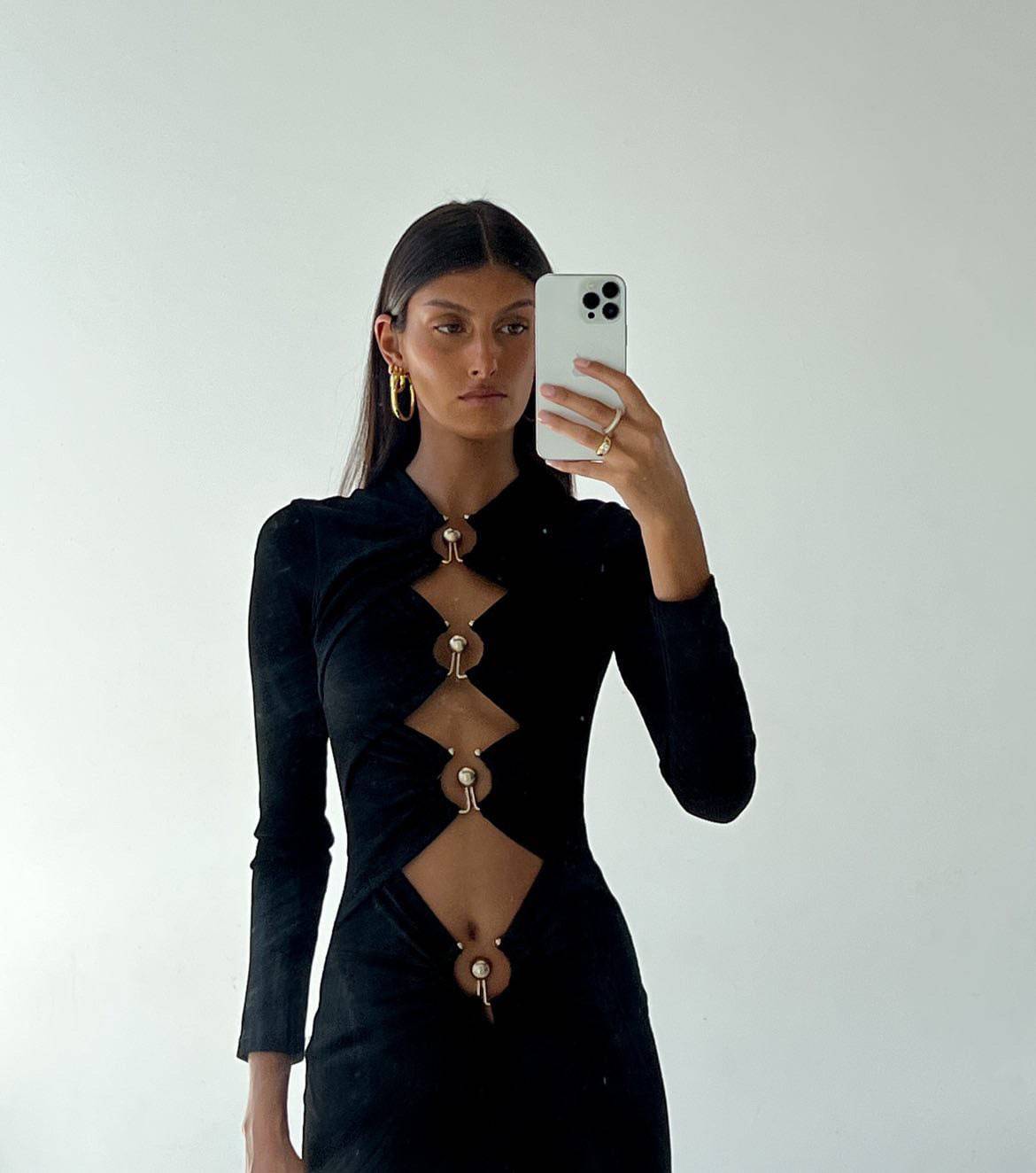 Christopher Esber - Ruched Black Column Long Sleeve Dress - Rent Club