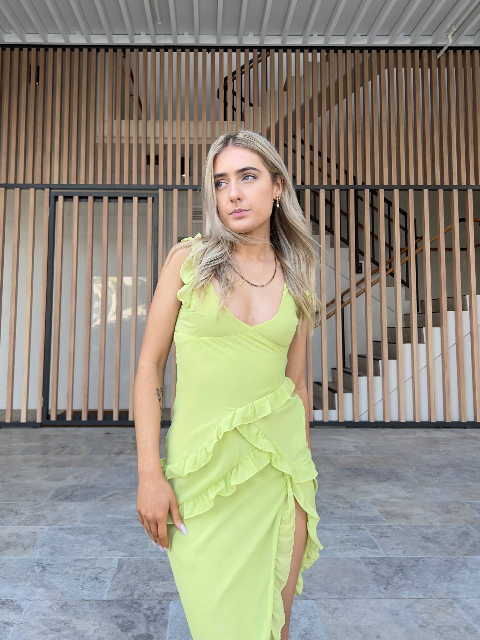 House of CB - Pixie Lime Ruffle Maxi Dress - Rent Club
