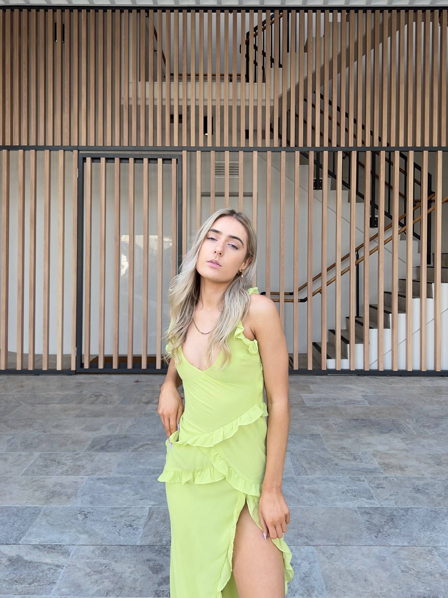 House of CB - Pixie Lime Ruffle Maxi Dress - Rent Club