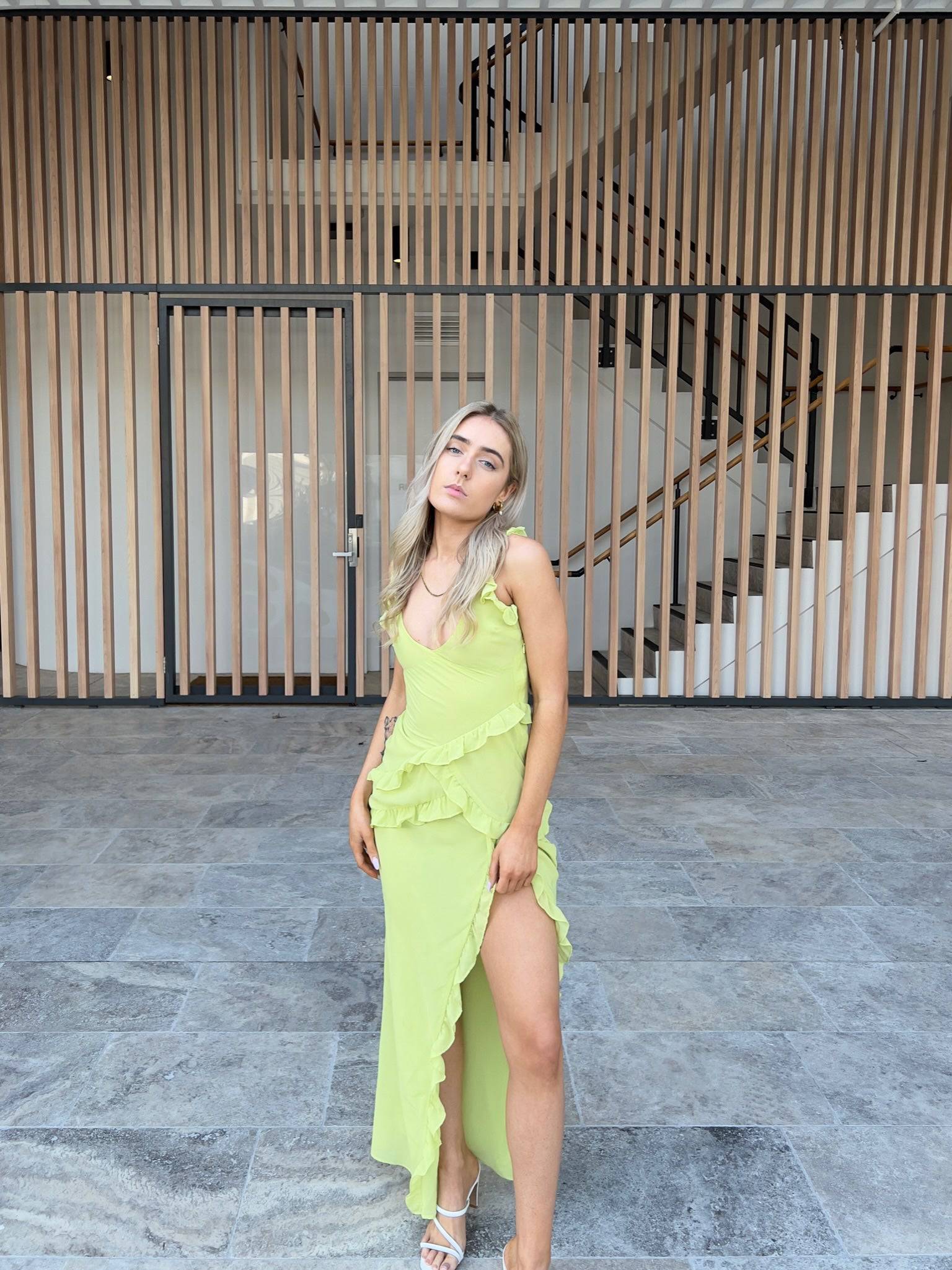 House of CB - Pixie Lime Ruffle Maxi Dress - Rent Club
