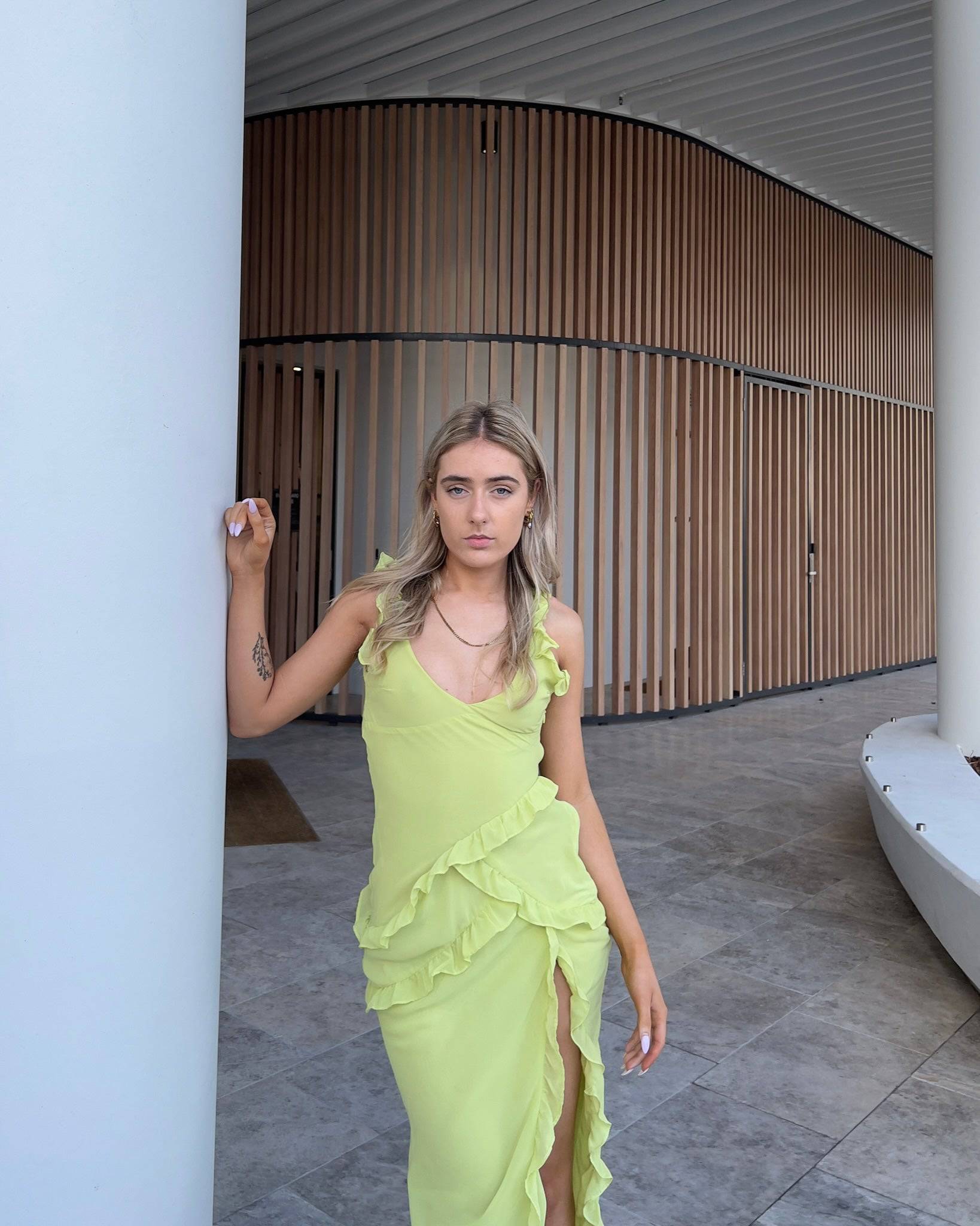 House of CB - Pixie Lime Ruffle Maxi Dress - Rent Club