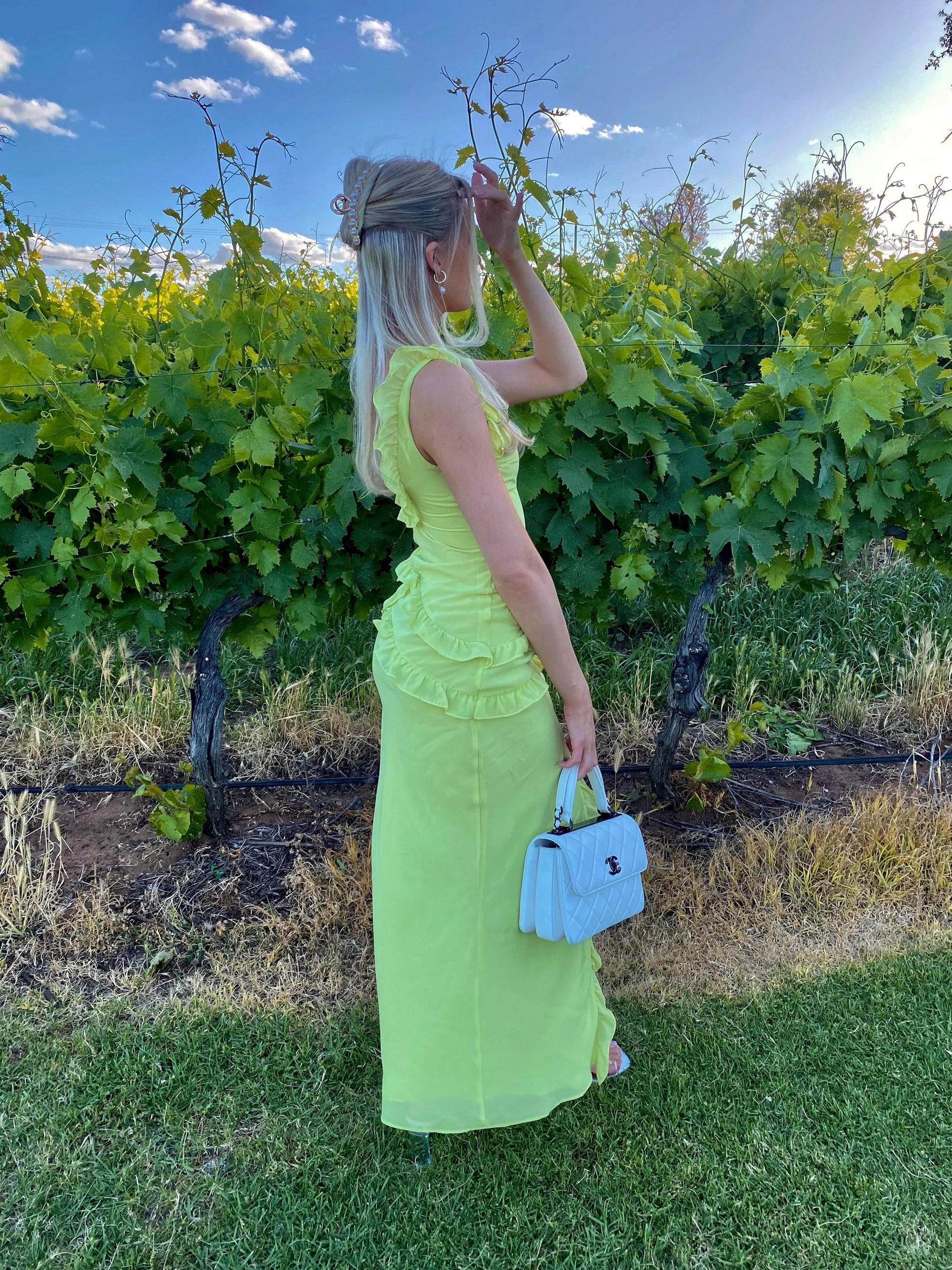 House of CB - Pixie Lime Ruffle Maxi Dress - Rent Club
