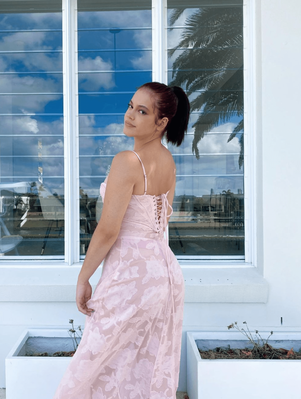 House of CB Seren Dress in Soft Pink Floral Lace Rent Club