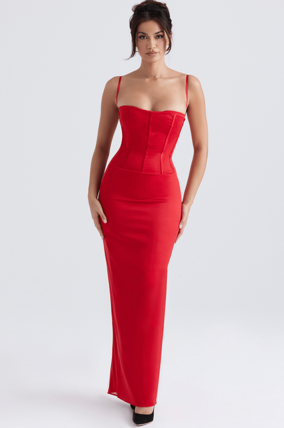 House of CB - Shani Red Satin Corset Maxi Dress - Rent Club