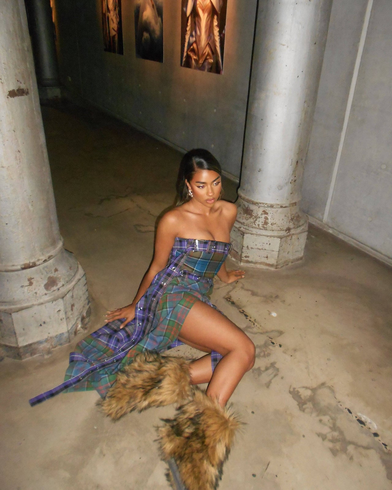 Rave Review - Shroom Belted Checked Wool Maxi Dress in Purple - Rent Club