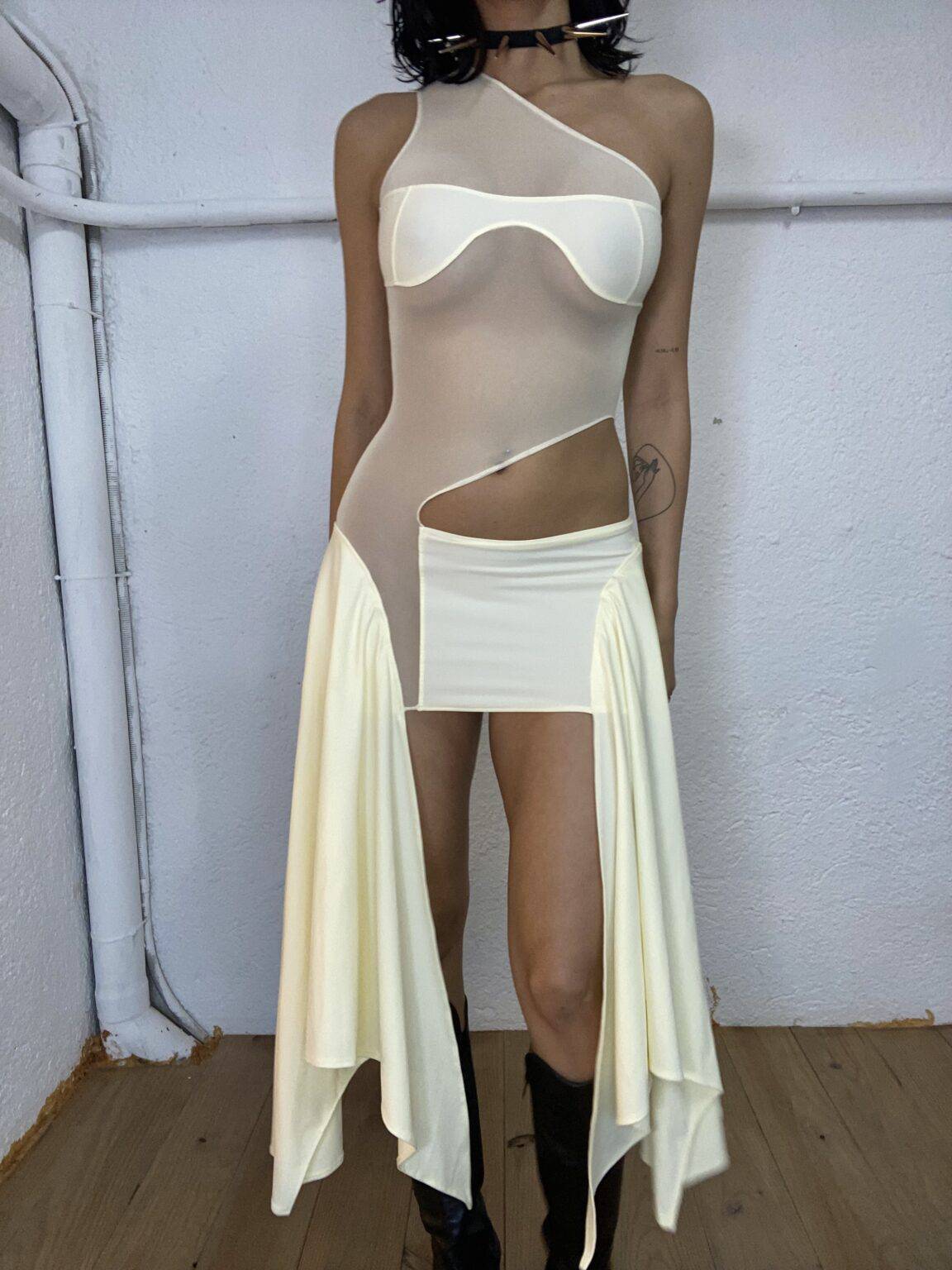 Sketch-y - Mesh Cut Out dress in Ivory Yellow Tricot - Rent Club