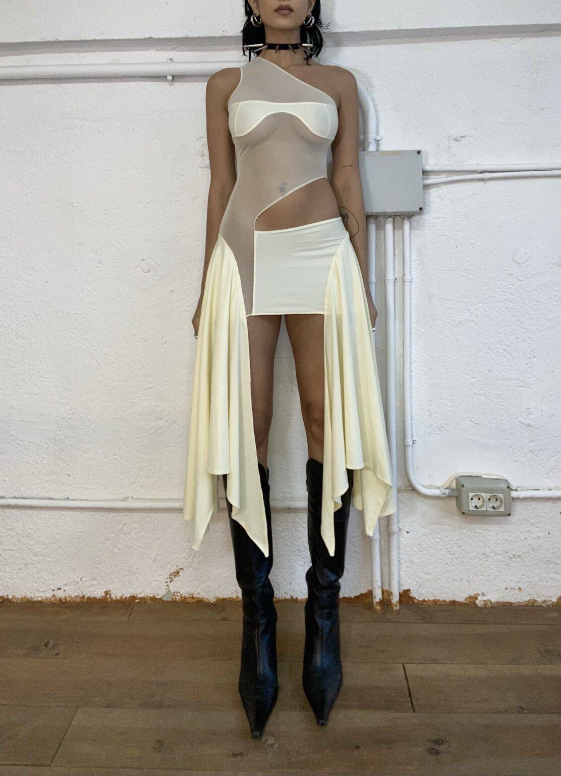 Sketch-y - Mesh Cut Out dress in Ivory Yellow Tricot - Rent Club
