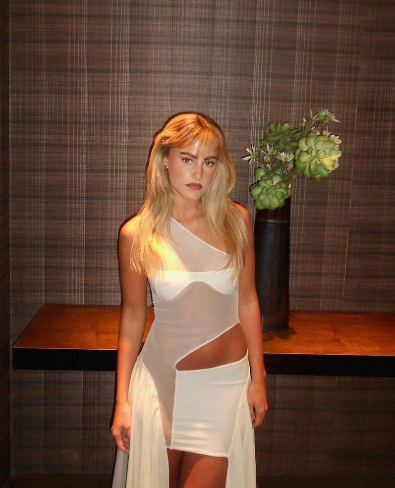 Sketch-y - Mesh Cut Out dress in Ivory Yellow Tricot - Rent Club