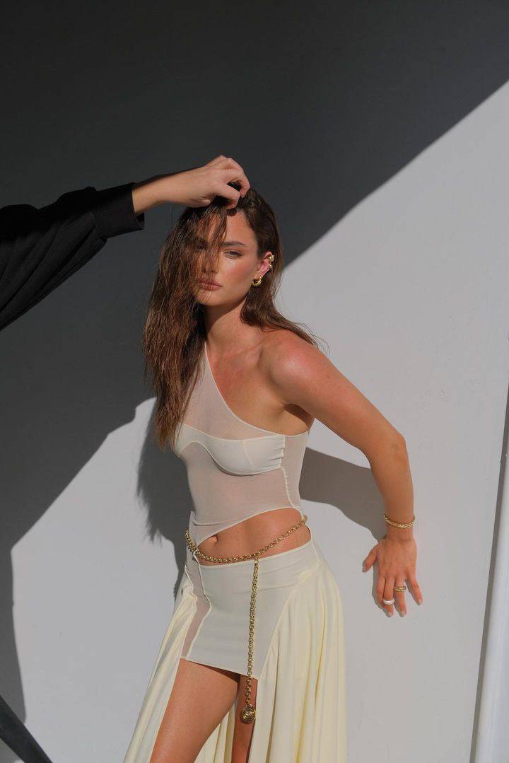 Sketch-y - Mesh Cut Out dress in Ivory Yellow Tricot - Rent Club