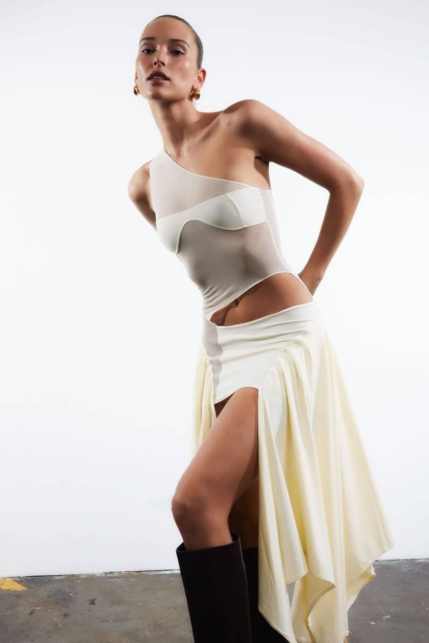 Sketch-y - Mesh Cut Out dress in Ivory Yellow Tricot - Rent Club