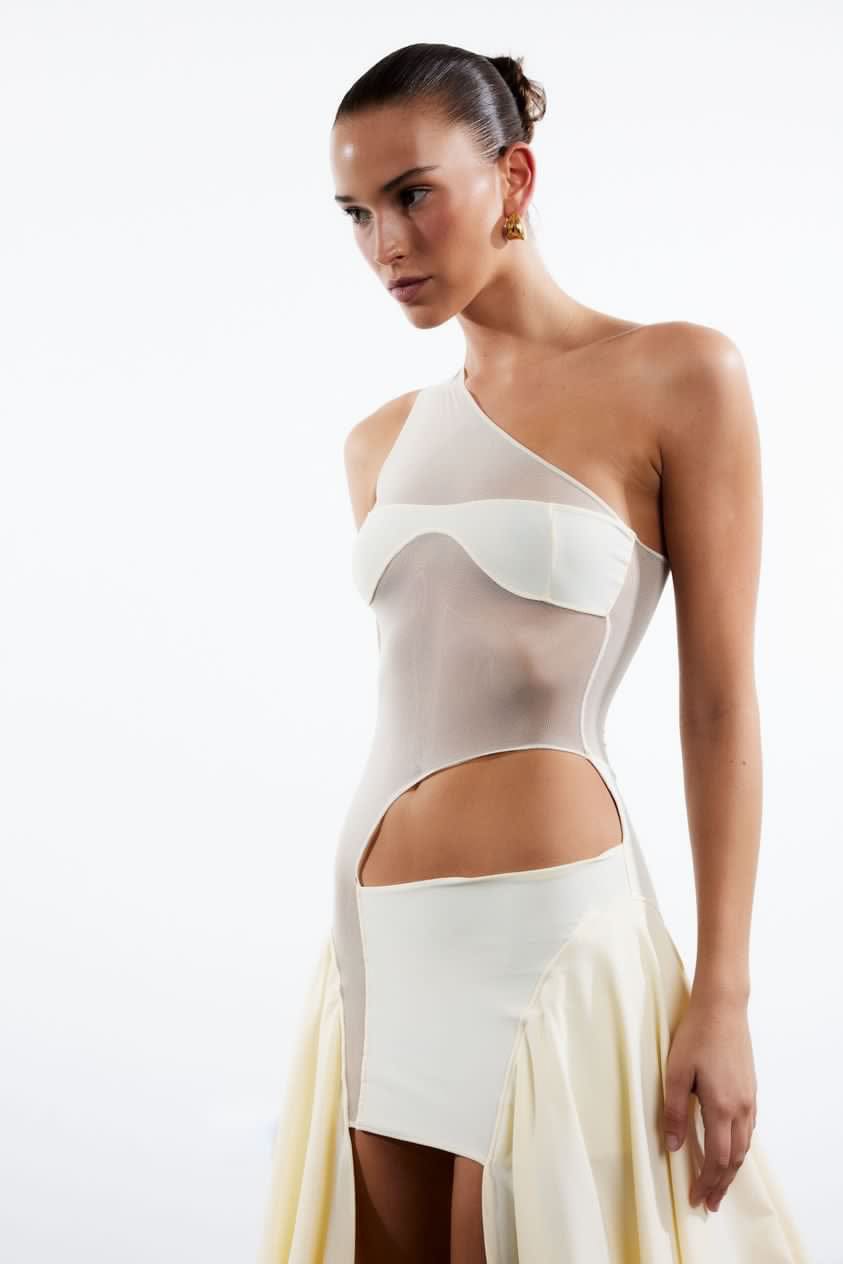 Sketch-y - Mesh Cut Out dress in Ivory Yellow Tricot - Rent Club