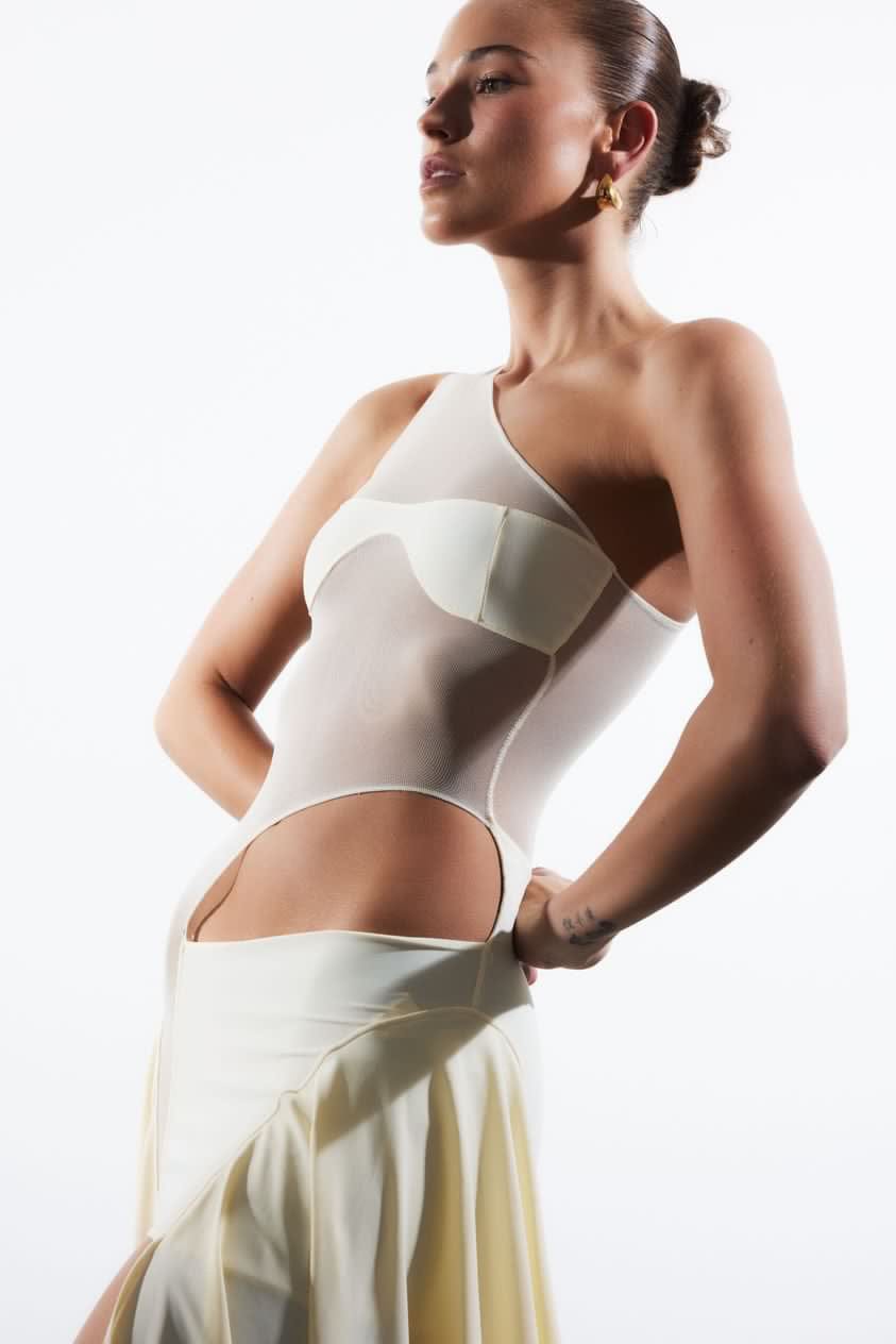 Sketch-y - Mesh Cut Out dress in Ivory Yellow Tricot - Rent Club
