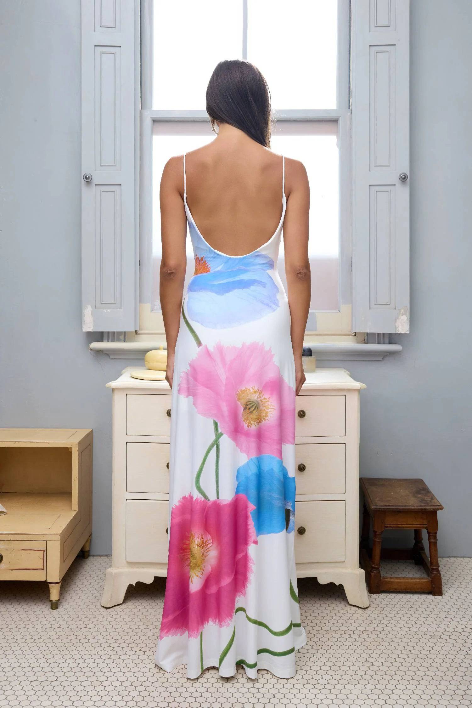 With Harper Lu - Low Back Maxi Dress in Azure Poppy - Rent Club