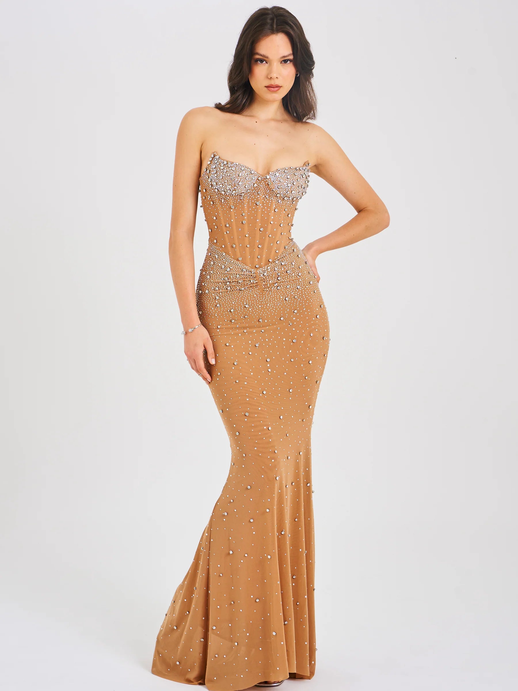 miss circle gold strapless dress Miss Circle The Glint Gold Ruched Chiffon Long Maxi Dress S