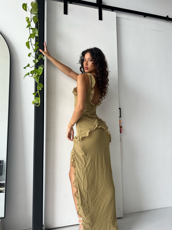 House of CB - Pixie Olive Ruffle Maxi Dress (resale) - Rent Club