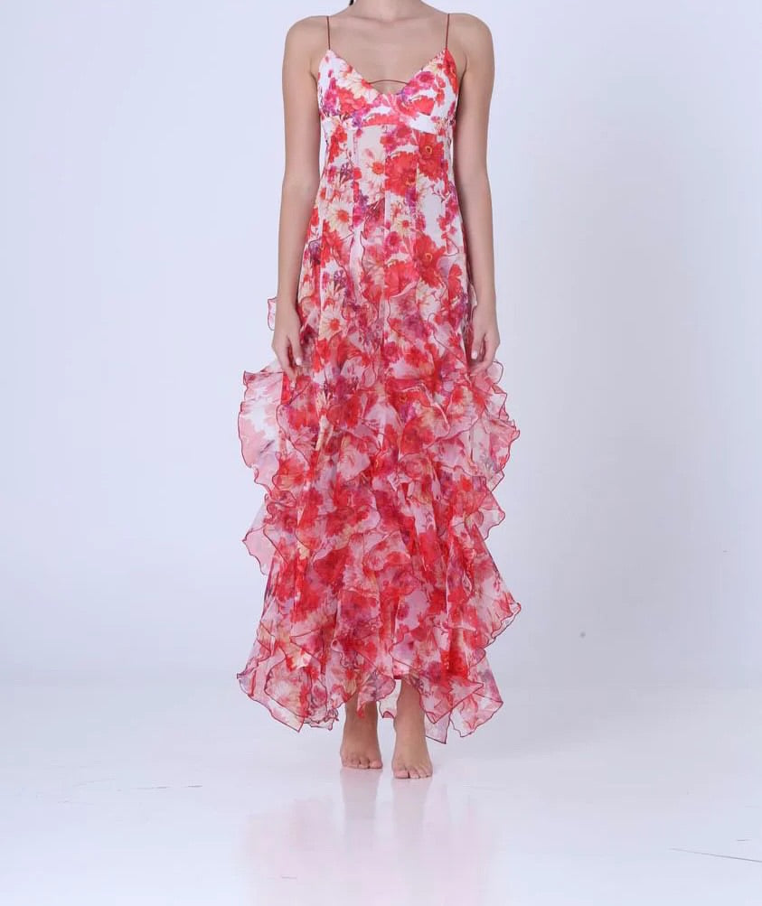 Menti - Iris Flower Maxi Gown in Red - Rent Club