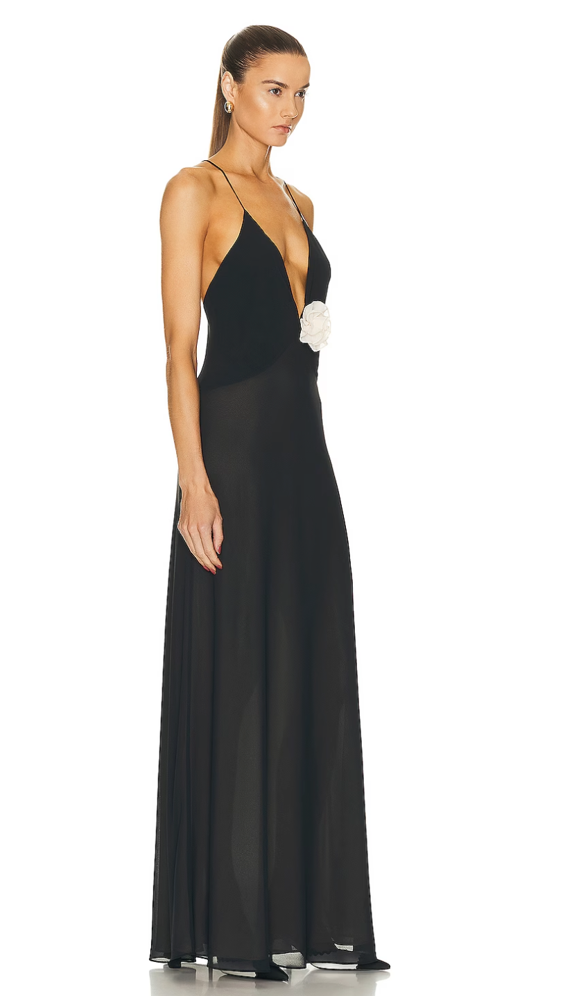 Helsa - Sheer Deep V Long Slip Dress in Black - Rent Club