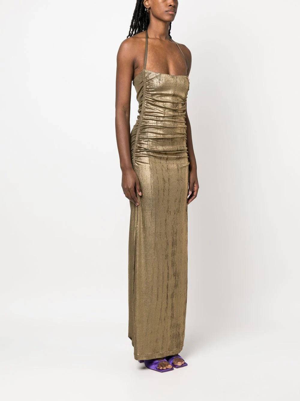 Diesel - Metallic Ruched Halterneck Gown in Gold - Rent Club