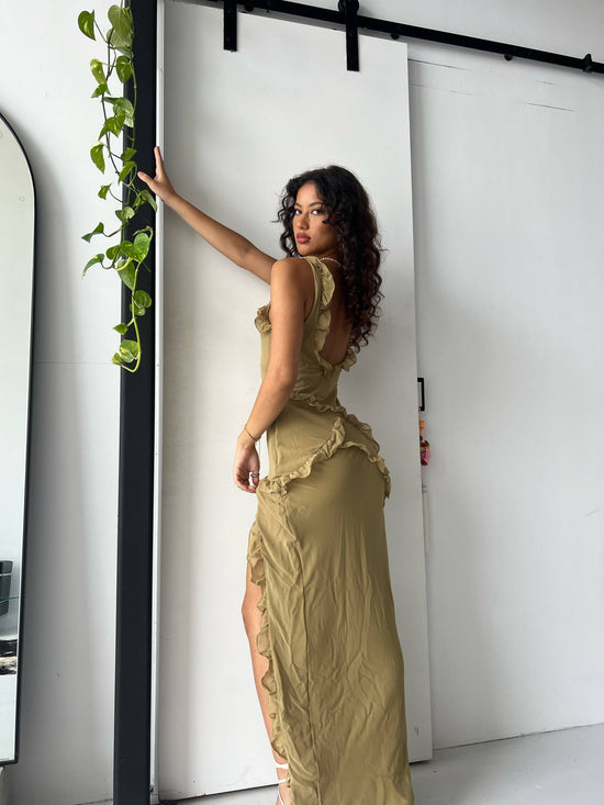 House of CB - Pixie Olive Ruffle Maxi Dress - Rent Club