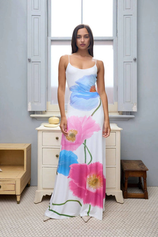 With Harper Lu - Low Back Maxi Dress in Azure Poppy - Rent Club