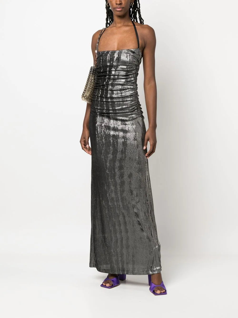 Diesel Metallic Ruched Halterneck Gown in Silver