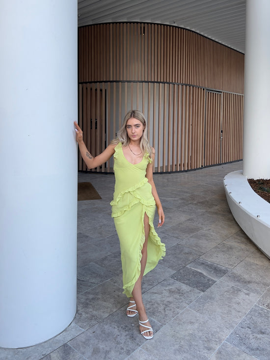 House of CB - Pixie Lime Ruffle Maxi Dress - Rent Club